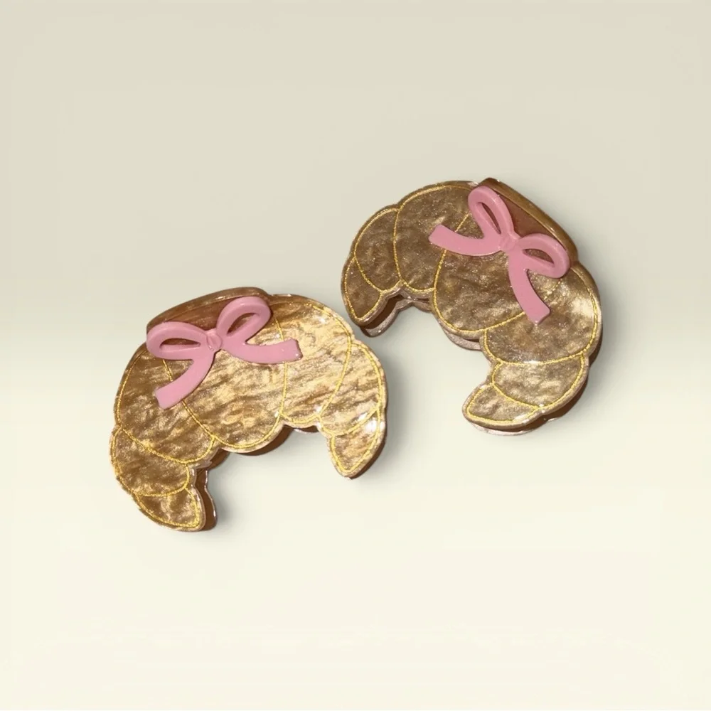 🎀 🥐 NEW Set Pink Bow Croissant Claw Clips Hair Accessories 🥐 🎀